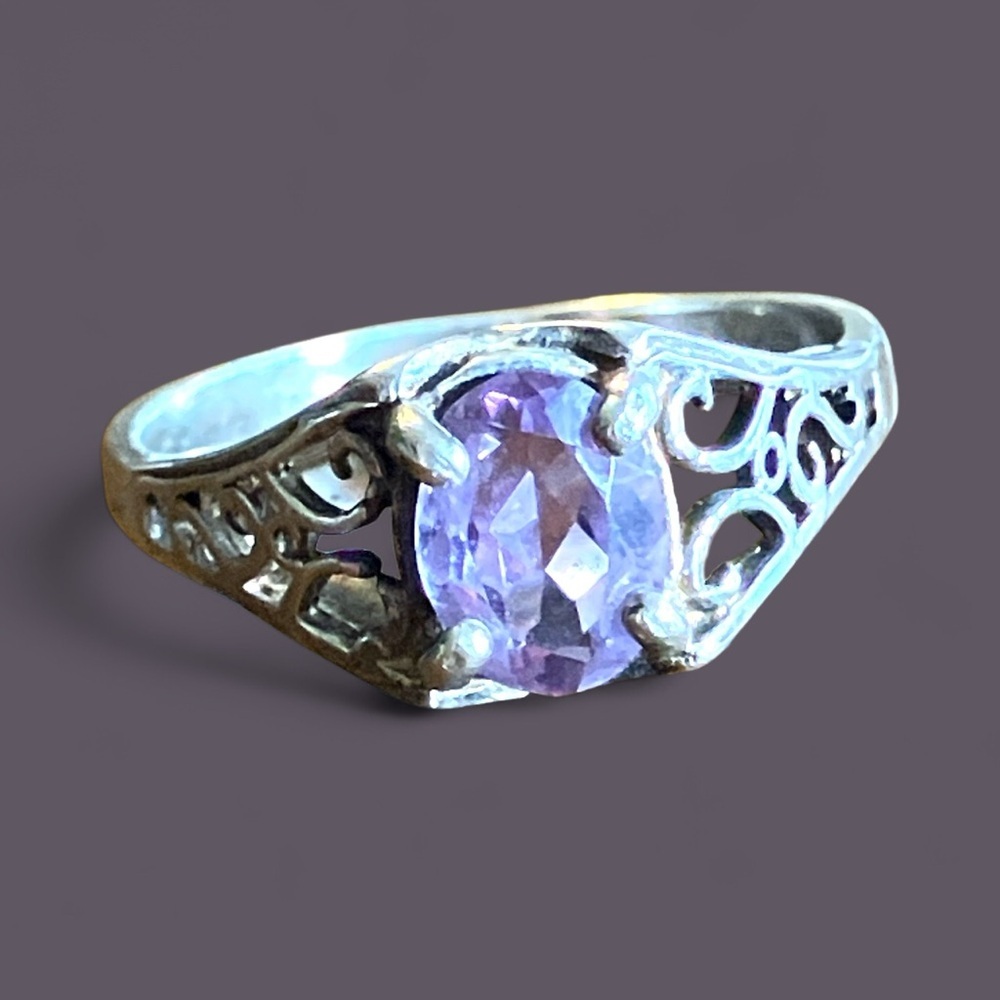Vintage 925 Sterling Silver & Amethyst Filigree Ring Size 9.5